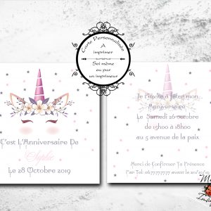 Carte d'invitation d'anniversaire "Licorne" - 15x15