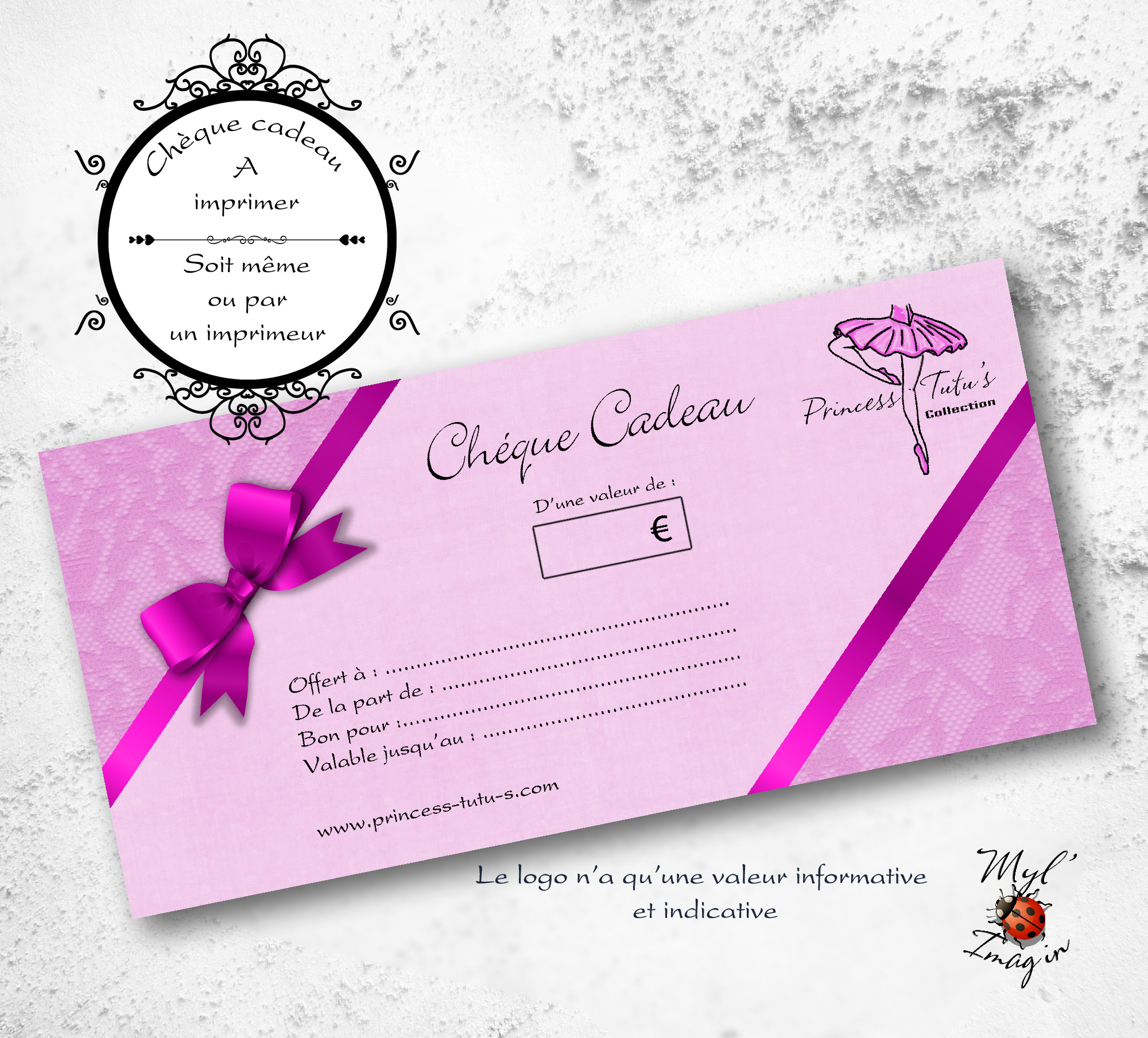 Chèque Cadeau Rose pastel avec coin dentelle et son ruban fuchsia